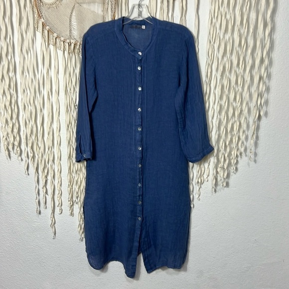 Two Zero One Blue Linen Button Down Duster Size S/M - Picture 4 of 11